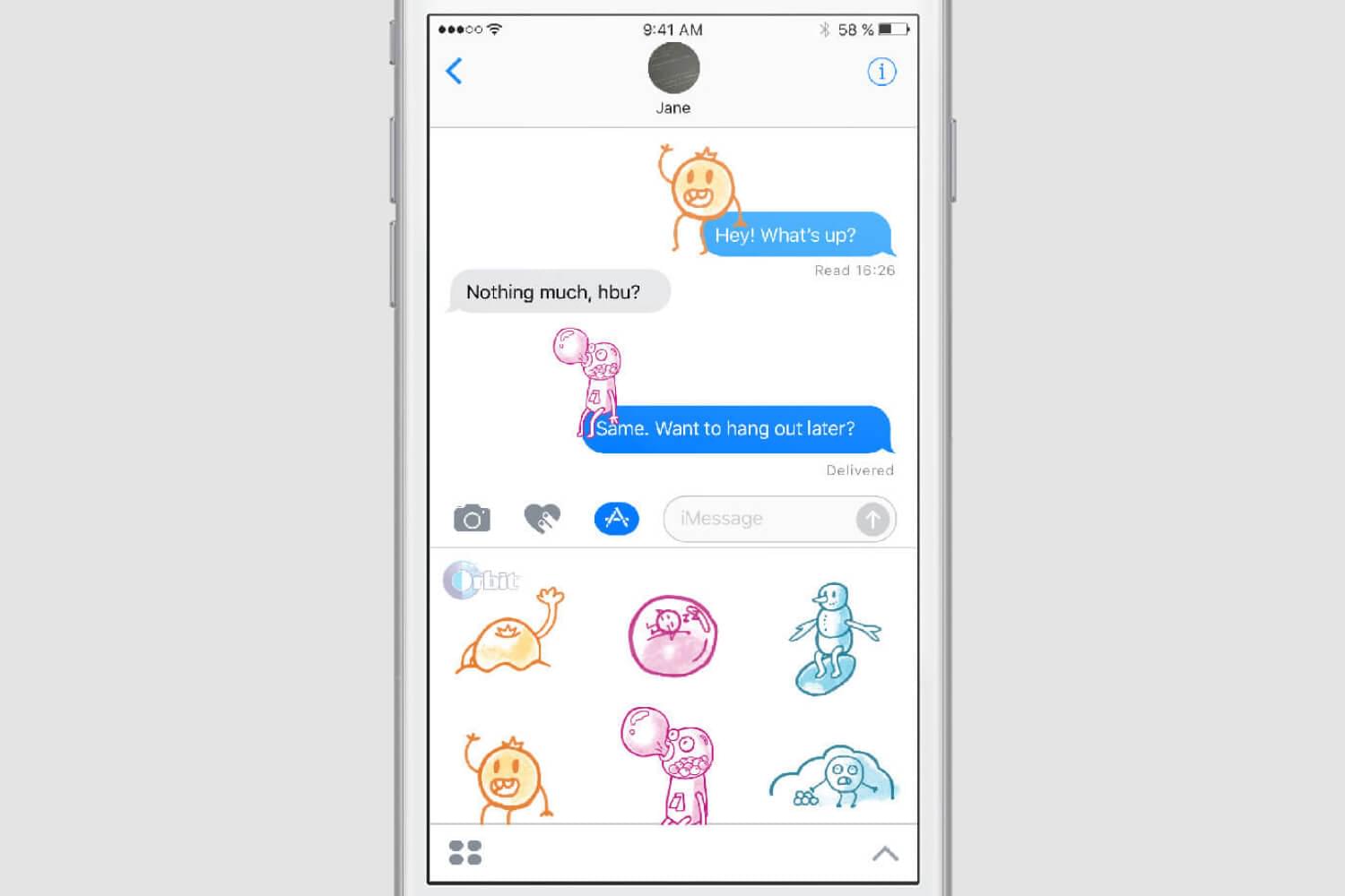 Illustrations of monsters from orbit ads used as stickers in a text message conversation