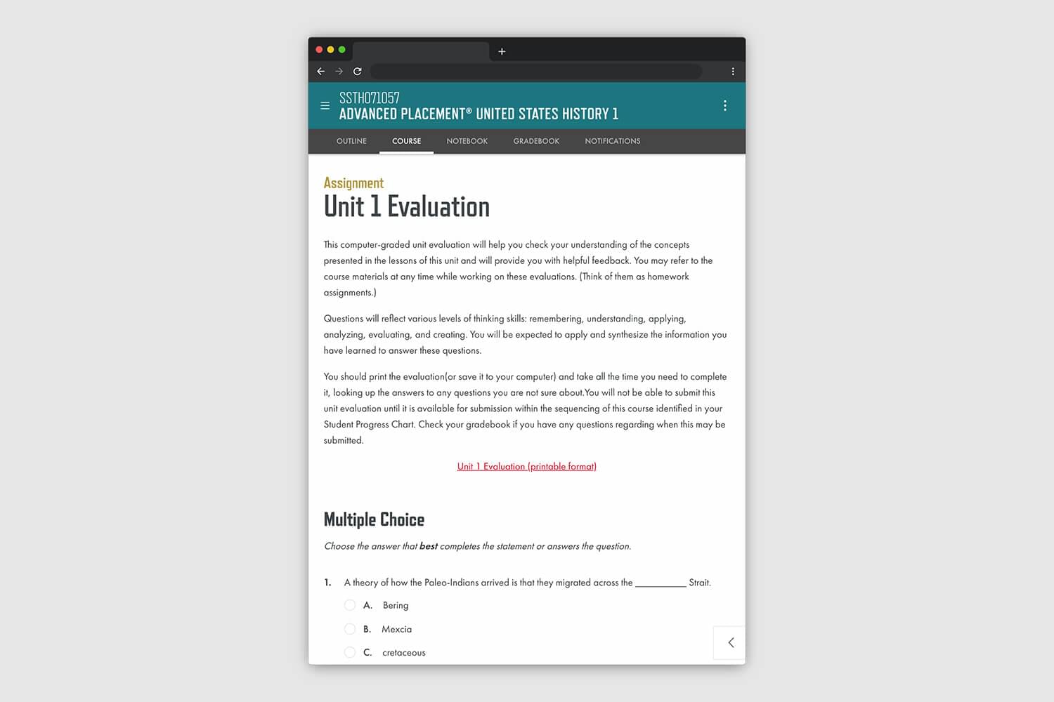 Theorem's course page on a tablet